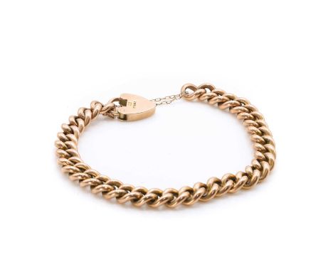 A rose gold curb link bracelet, a uniform hollow curb link chain, approximately 170mm long, to heart padlock and safety chain