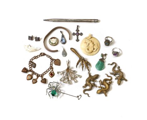 A group of silver and costume jewellery, to include a propelling pencil, an amethyst and marcasite, ring, pendant and stud ea