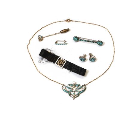 A group of turquoise and split pearl jewellery, a split pearl, enamel and ribbon initial bracelet, with an open split pearl i