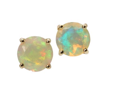 A pair of opal stud earrings, each with a round cut opal, approximately 5.9mm diameter, claw set to post and butterfly fittin