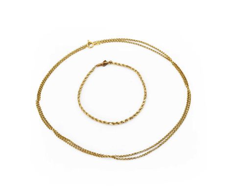 A gold chain and bracelet, a belcher link chain, with a bolt ring clasp, 750mm long, stamped 9ct, and a gold twist rope chain
