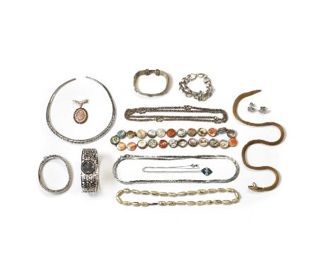 A collection of silver and costume jewellery, a group of costume jewellery,a vintage gilt metal snake choker necklace, a moth