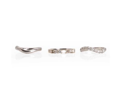 Two diamond half eternity rings and a platinum band, a platinum wave design diamond half eternity ring, with a row of brillia