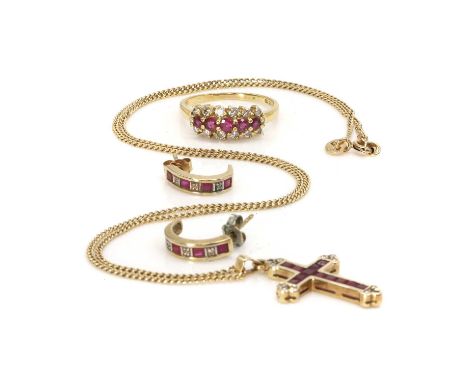 A group of ruby set jewellery, an 18ct gold ruby and diamond cluster ring, with a line of round cut rubies, to a surround of 