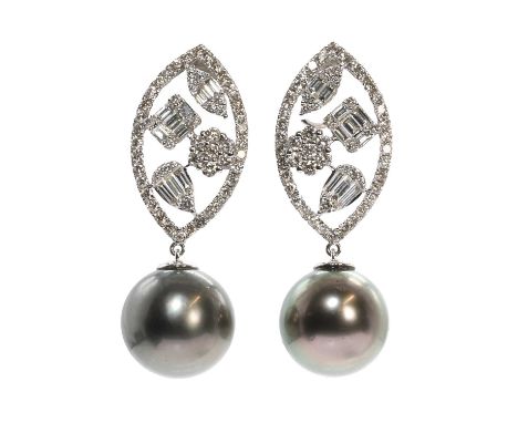 A pair of 18ct white gold diamond and Tahitian pearl drop earrings, each with vari-shaped clusters of baguette and round bril