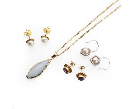 A group of gold and silver jewellery, comprising a 9ct gold opal pendant, Sheffield 1996, suspended by a 9ct gold curb link c