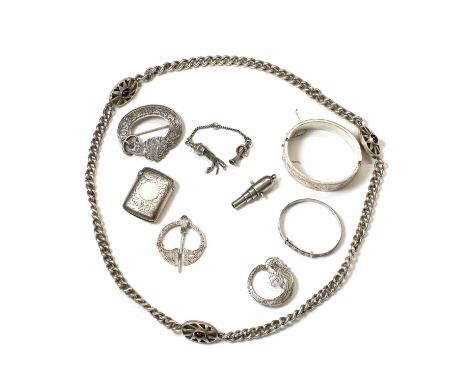 A collection of silver jewellery and other items, to include a silver amethyst and garnet station necklace, with solid curb l