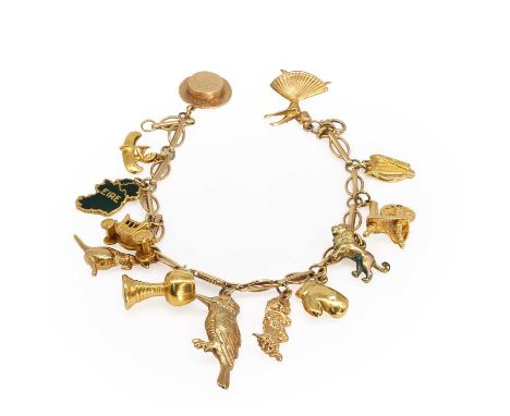 A 9ct gold charm bracelet, the bracelet with oval bar links alternating to round links, to a half solid bolt ring clasp, 195m