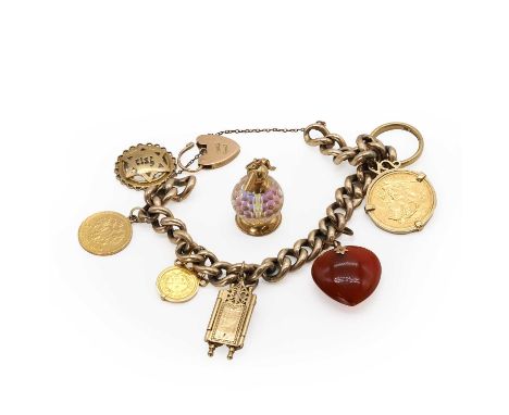 A charm bracelet, a hollow curb link chain, approximately 160mm long, with a heart shaped padlock, stamped 9ct, tested as app