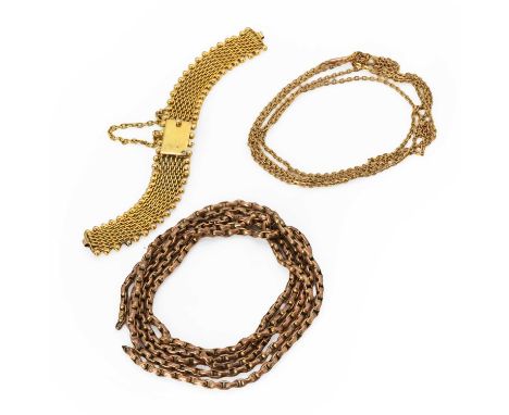 A group of gold chains, a section guard chain, with faceted cable links, 900mm long, a trace link chain, to a box clasp, 780m