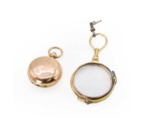 A sovereign holder and a pair of lorgnettes, a 9ct gold sovereign holder, with a circular 28mm diameter hinged case, engraved