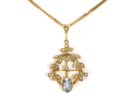 An aquamarine and split pearl foliate pendant, the garland style pendant with an oval cut aquamarine bezel set to an open fol