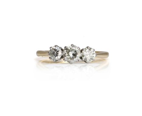 A three stone diamond ring,  with three graduated round brilliant cut diamonds, the principal stone estimated as approximatel