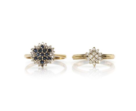 A 9ct gold target cluster ring and a diamond square cluster ring, a 9ct gold sapphire and diamond cluster ring, the target cl