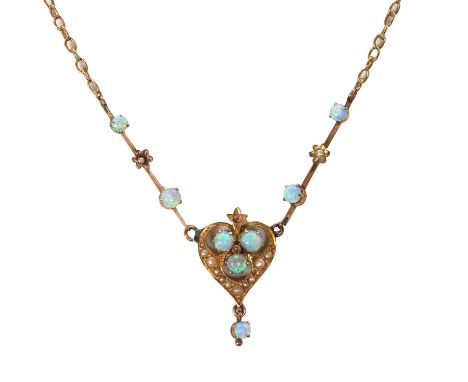 An Edwardian opal and split pearl necklace, a pierced heart shaped panel with a central trefoil of round opal cabochons, into