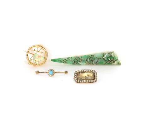 A group of four antique brooches, an enamel ivy leaf brooch, enamel chipped, split pearls deficient, to pin and 'C' catch, 22