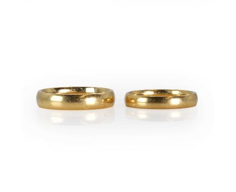 Two 18ct gold wedding rings, a 4.90mm wide band, London 1997, and an 18ct gold wedding ring, 3.90mm wide, London 1997, 13.53g