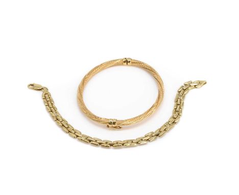 Two 9ct gold bracelets. a 9ct gold diamond link bracelet,with lengths of hollow brick links, alternating to links set with a 