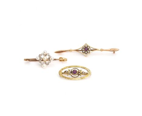 A group of three antique brooches, comprising a pearl and diamond brooch, centred by a seed pearl encircled by a quatrefoil o