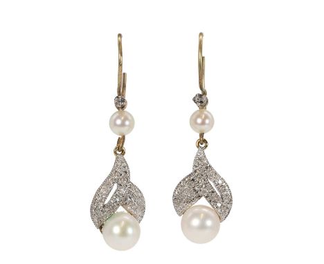 A pair of pearl and diamond drop earrings, each with a pierced foliate panel, pavé set throughout with eight cut diamonds, wi