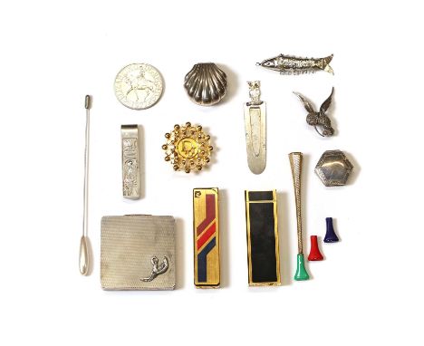 A small group of silver pillboxes, lighters and miscellaneous objects, to include a 9ct gold cheroot holder, Birmingham 1967,