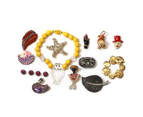 A collection of designer and unsigned costume jewellery,  to include two pairs of stud earrings and a selection of brooches b