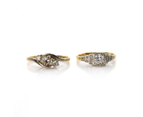 An Art Deco diamond ring and a diamond three stone ring, an Art Deco single stone ring,with a central old European diamond an