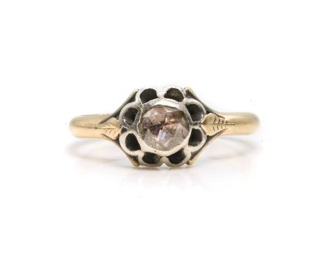 An antique rose cut diamond ring,  a foiled rose cut diamond rub set in white to a closed back collet with a pierced surround