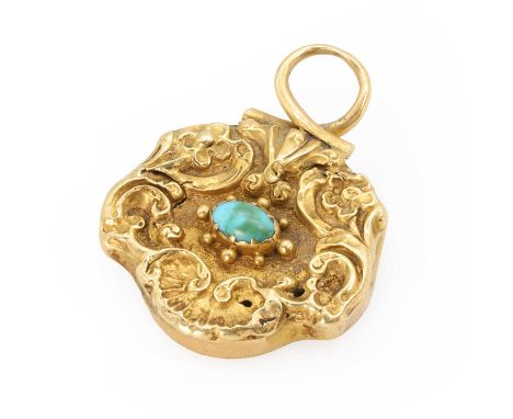 A Georgian turquoise memorial locket pendant, with an oval turquoise cabochon, bezel set to a floral and scrolling repoussé s