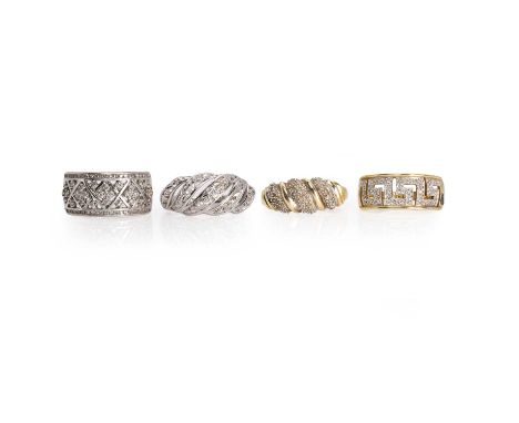 A group of 9ct gold diamond rings, a 9ct white gold diamond ring,a pierced panel of round brilliant cut diamonds, to a line o