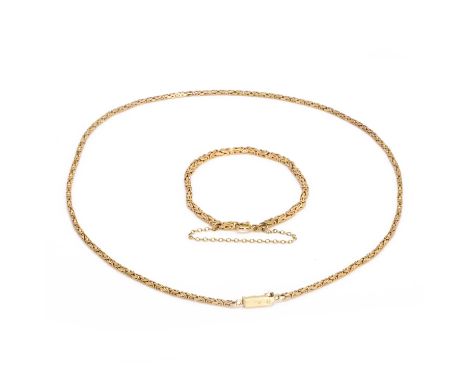 A 9ct gold Byzantine link necklace and bracelet set, the necklace with Byzantine links, to a box clasp with figure of eight c