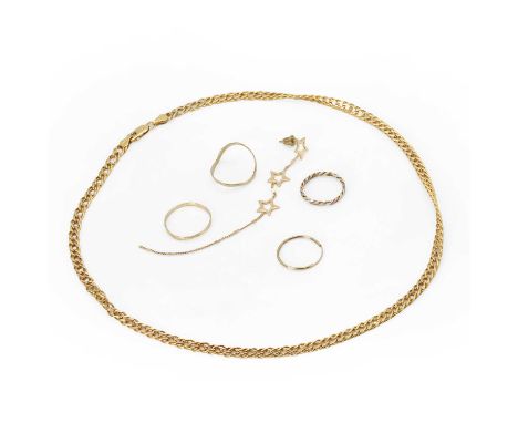 A small group of gold jewellery, a hollow doubled curb link chain, to a side lever clasp, stamped 375, a 9ct gold wishbone ri