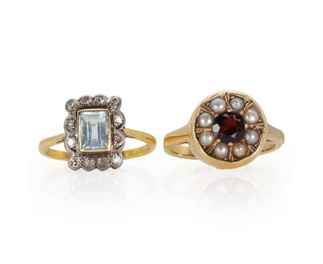 Two gem set rings, an aquamarine and diamond cluster ring, with a rectangular step cut aquamarine, bezel set in yellow, to a 