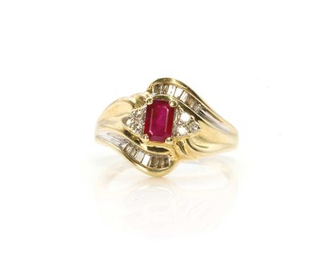 A ruby and diamond ring,  a rectangular step cut ruby, to a trefoil of eight cut diamonds to either side, one eight cut diamo