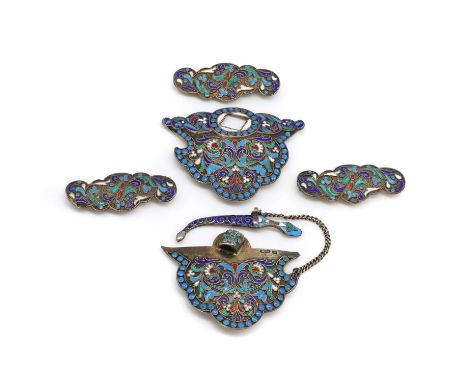 A Russian silver cloisonné enamel belt buckle set, a two part shield form buckle with floral polychrome cloisonné enamel, to 