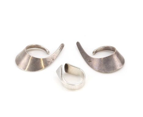 A pair of Modernist Norwegian silver earrings and a ring, a pair of silver earrings, by Tone Vigeland, 47mm x 31mm, stamped '