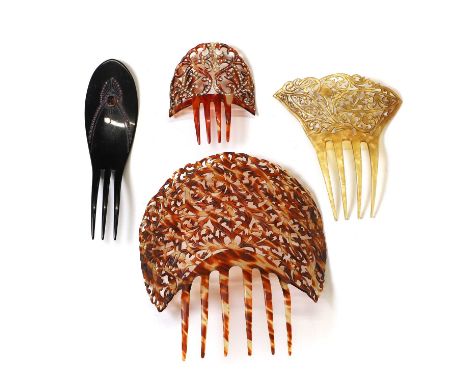 A group of vintage celluloid peineta hairslides, c.1920, a large celluloid faux tortoiseshell hairslide, curved and pierced w