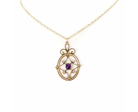 An Edwardian amethyst and split pearl pendant, with a central oval cut amethyst, millegrain set to an oval openwork mount wit