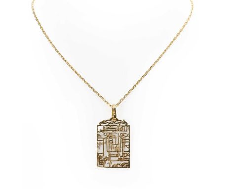 An Italian gold abstract design pendant and chain, the rectangular openwork pendant, to an oval link bale, stamped 750, Itali