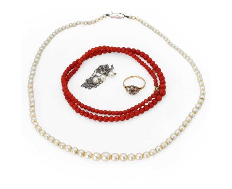 A group of gold, cultured pearl and coral jewellery, a graduated single row coral bead necklace, to a bolt ring clasp, 430mm 