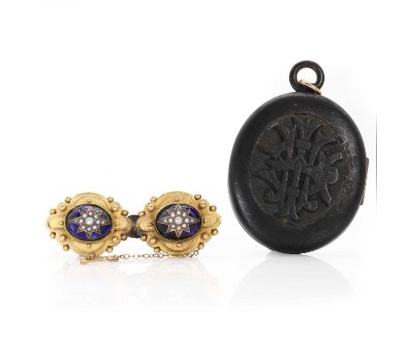 A Victorian enamel split pearl brooch and a Victorian jet locket, a Victorian enamel split pearl brooch conversion, possibly 