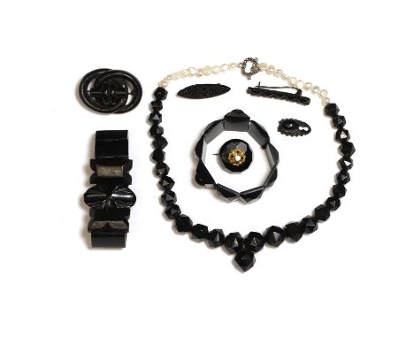 A group of antique Whitby jet and French jet jewellery, a Victorian Whitby jet and cultured pearl bead necklace, pearls untes