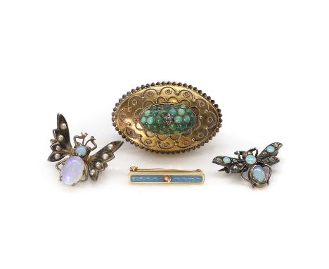 A group of four antique brooches, comprising a Victorian Etruscan style turquoise memorial brooch, 36mm x 23mm, stamped 15CT,