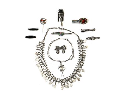 A group of silver jewellery and others, a mother of pearl drop pendant, with an open foliate mount suspending oval and pear s