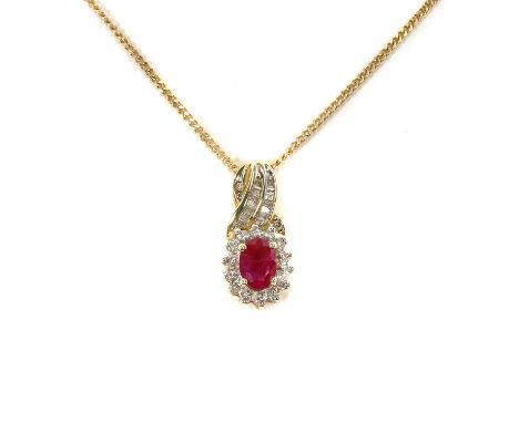 A ruby and diamond cluster pendant, an oval mixed cut ruby claw set within a surround of round brilliant cut diamonds, to a f