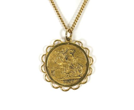 A sovereign pendant, a Victoria sovereign, dated 1897, spectacle set to a 9ct gold scalloped wire frame, with an articulated 