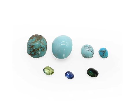 A group of unmounted gemstones, comprising: four varisized oval cabochon turquoises,one 5.58 x 7.71mm, one 8.00 x 10.71mm, on