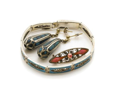 A silver enamel panel bracelet and brooch, by Marius Hammer, the bracelet with filigree and basse-tail enamel curved rectangu