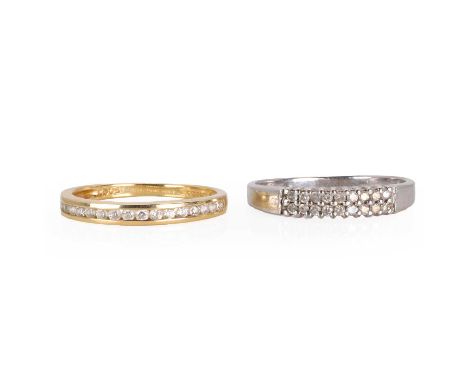 Two half eternity rings, a 14ct gold half eternity ring, with a line of round cut cubic zirconia channel set to a plain band 