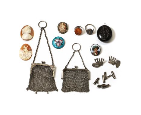 A group of antique and later silver and costume jewellery, comprising two silver coin purses, both London import hallmark, a 